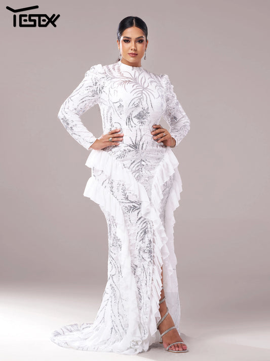 Yesexy Plus Size Elegant Beautiful Women Round Neck Long Sleeved Split Evening Gown Wedding Birthday Party Formal Occasion Dress