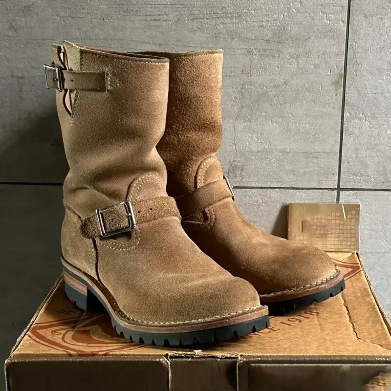 Men's Khaki Cow Suede Work Boots Mid-Calf Engineer Boots Faded Metal Buckle Strap Motorcycle Knight Boots Sewing