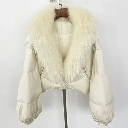 Winter Female White Duck Down Jacket Luxury Loose Short Fashion Casual Women Warm Real Fox Fur Coat Long Sleeve Puffer Jacket