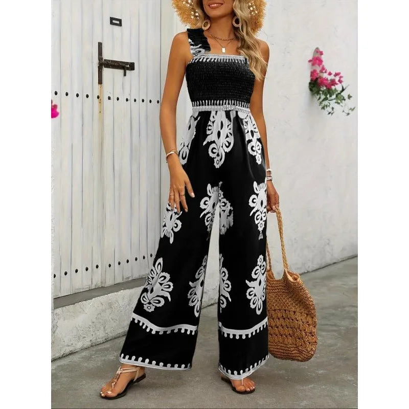 Plus Size Women's Chic Graphic Printing Sleeveless Square Neck Full Length Wide Leg Vacation Jumpsuits For Women