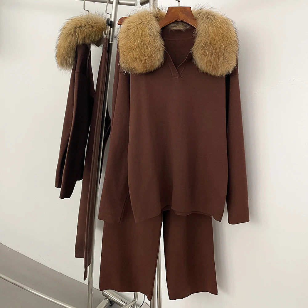Reality Fur Jacket Pullover Set Woman Spring Knitted Suit Knitwear Female Real Fox Fur Collar Sweater Lady Autumn Knitted New