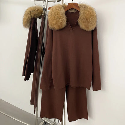 Reality Fur Jacket Pullover Set Woman Spring Knitted Suit Knitwear Female Real Fox Fur Collar Sweater Lady Autumn Knitted New