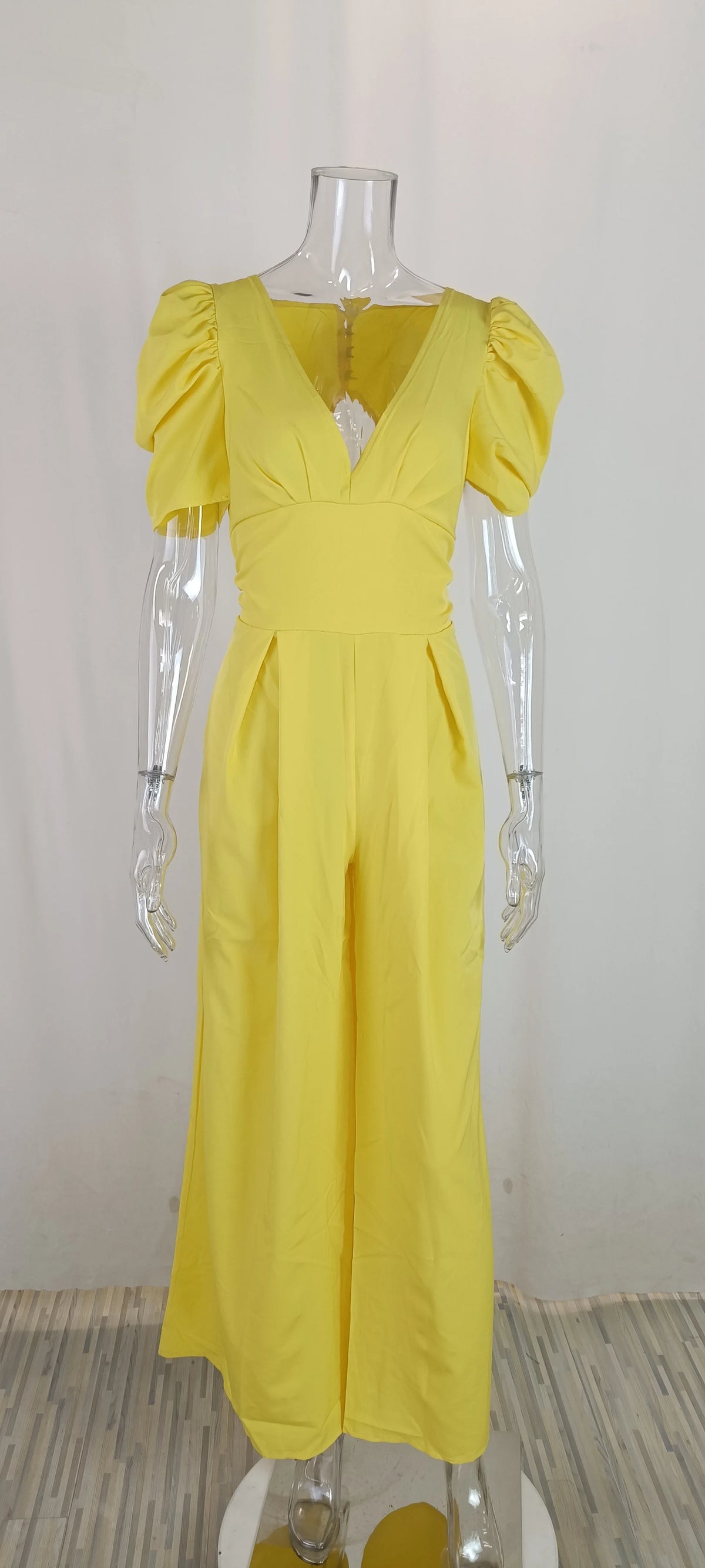 Summer Women's Slim Short Puff Sleeve V-neck Wide Leg Long Jumpsuit Elegant High Waist Ruched  Pocketed Solid color jumpsuits