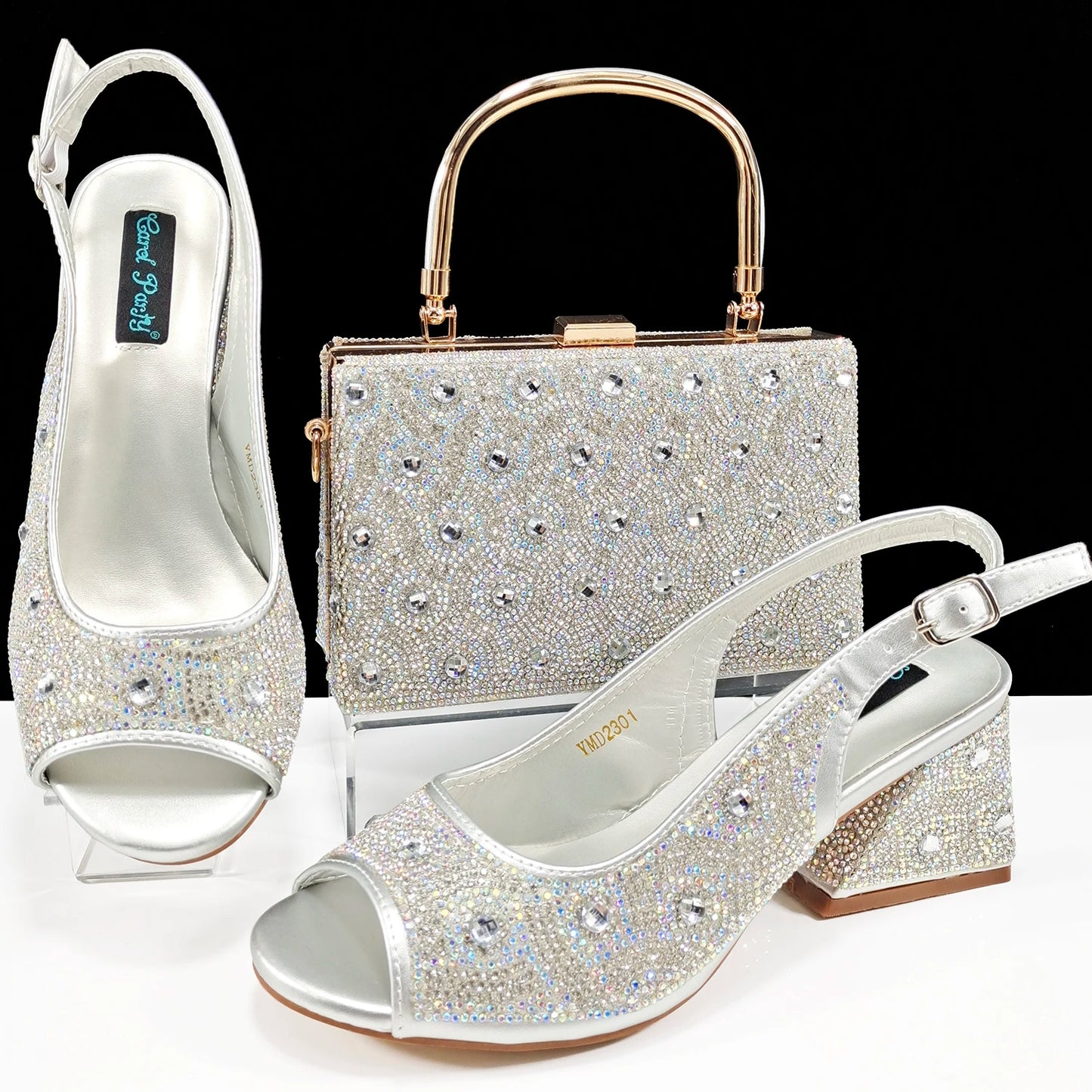 QSGFC 2024 Rhinestone Design INS Hot Sale New Arrivals African Shoes and Bag Set in Green Color Open Toe Comfortable Women Heels