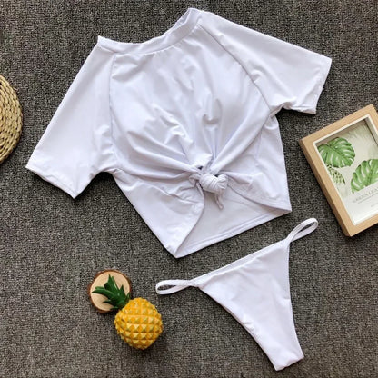 2 Colors Sexy Two Piece Swimsuit Swimwear Women Short Sleeve Knotted Solid Two-piece Bathing Suit Beachwear Banadores Mujer 2026