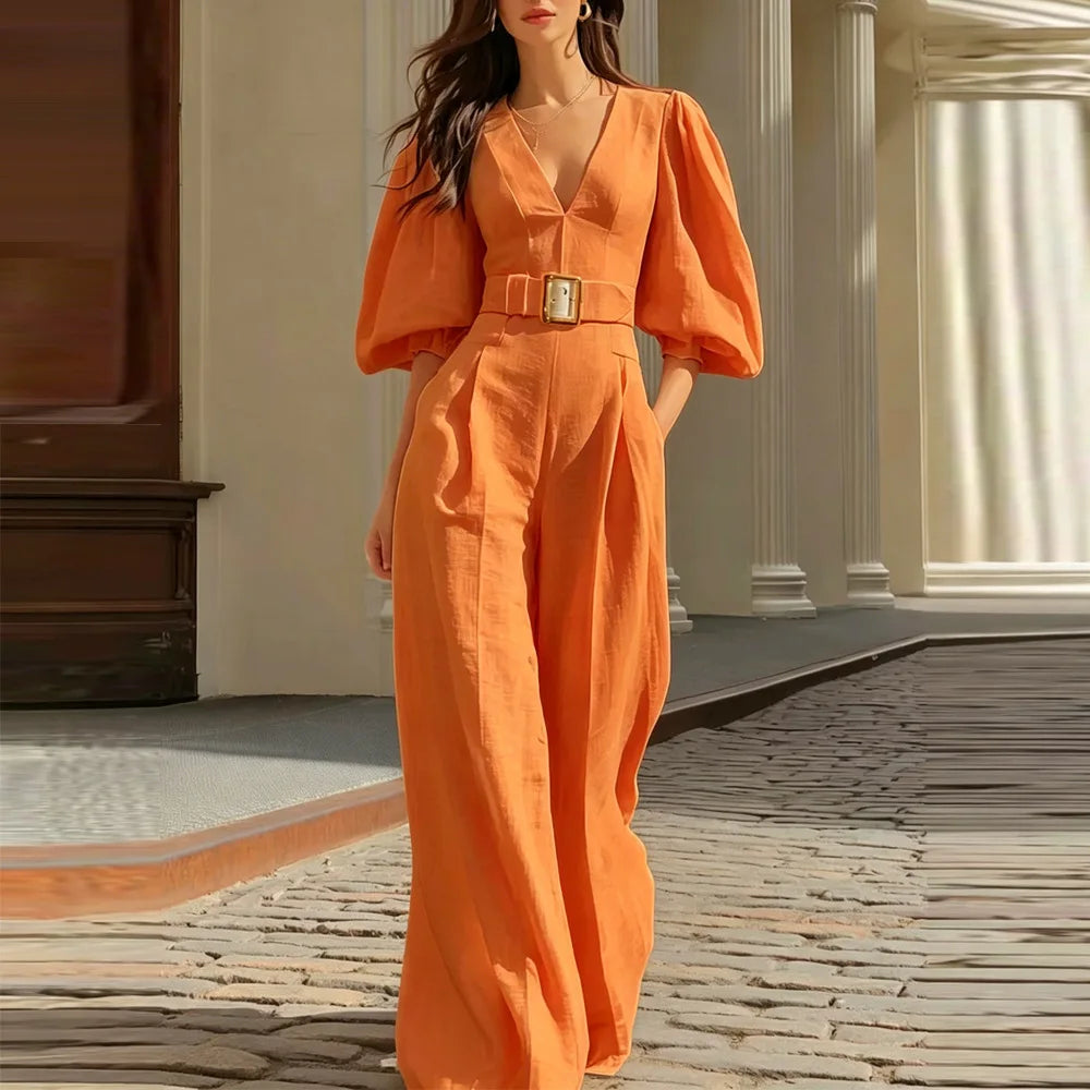 Elegant Jumpsuit Women's V Neck Puff Sleeve Belt Free Wide Leg Casual Rompers Workplace Urban Commuting Business Sexy Jumpsuites