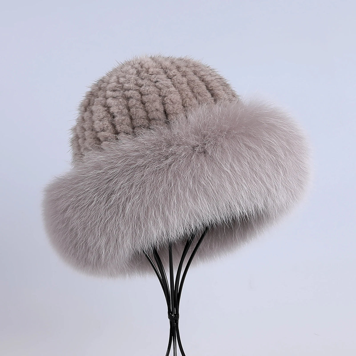 Women's Winter Warm Genuine Premuim Mink Fur Knitted Bucket Hat Furry Real Fur Caps Big Fox Fur Trim Brim Adjustable