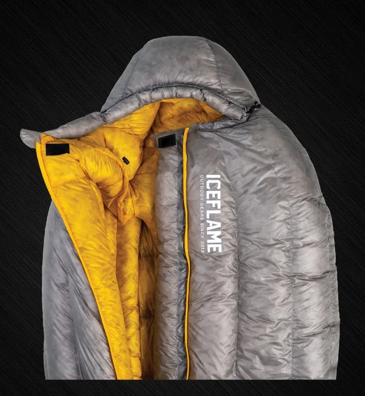 ICE FLAME Camping Mummy Gray Down Sleeping Bag Outdoor Ultralight 10D Unisex Sleeping Bag Traveling Hiking Mountain Climbing
