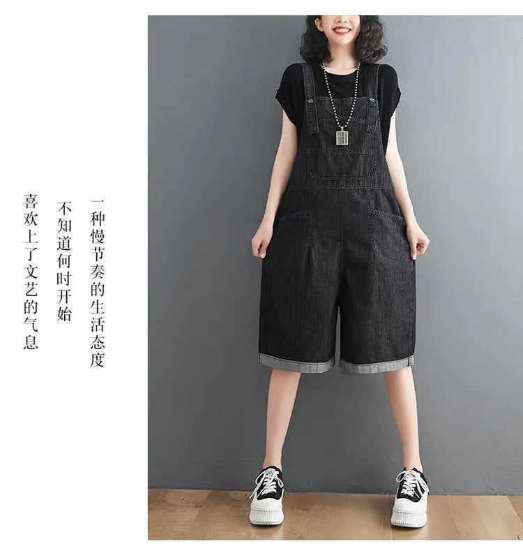 Summer Denim Straps Shorts Jeans Overalls Women Korean Wide Leg Jumpsuits Female Suspender Rompers Casual Conjoined Fifth Pants