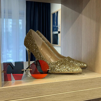 Women 7cm 9.5cm High Heels Pumps Wedding Bridal Scarpins Sparkly Mid Heels Lady Party Sequins Glitter Evening Gold Silver Shoes