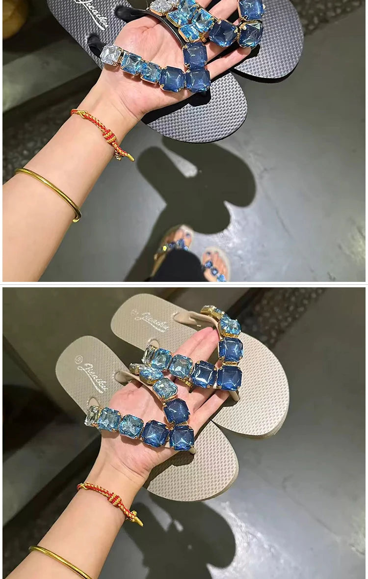Square Rhinestone Flip-Flops Popular in Ins Summer Blingbling Star Street Shooting Slope Heel Slippers Women Flat Beach Slippers