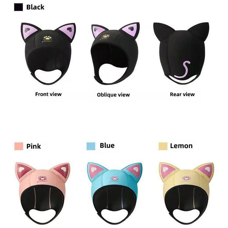 Cool Cute Cat Ears Diving Hood 3mm Neoprene Women Snorkel Scuba Cap w/ Adjustable Chin Strap,Thermal for Surfing & Water Sports