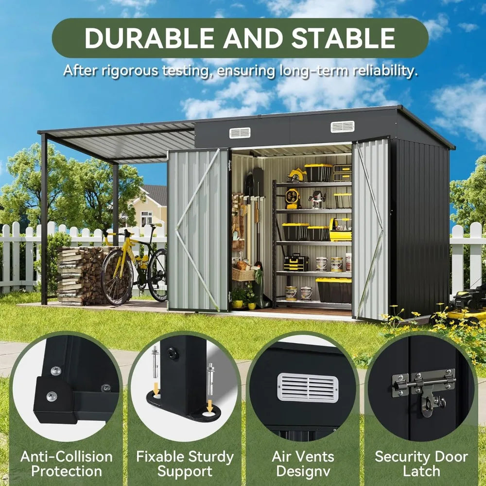 6x4FT Outdoor Metal Shed and Hardtop Gazebo Combo 12x4FT Lean to with PergolaA Black
