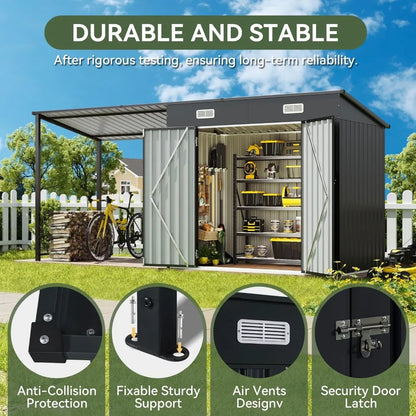 6x4FT Outdoor Metal Shed and Hardtop Gazebo Combo 12x4FT Lean to with PergolaA Black