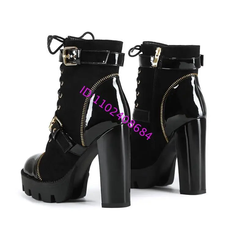 Design Women Black Leather Round Toe Rivets Metal Zippers Block High Heel Thick Bottom Ankle Boots Belt Buckles Platform Boots