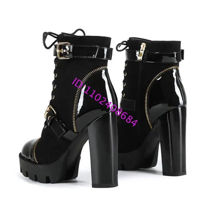 Design Women Black Leather Round Toe Rivets Metal Zippers Block High Heel Thick Bottom Ankle Boots Belt Buckles Platform Boots