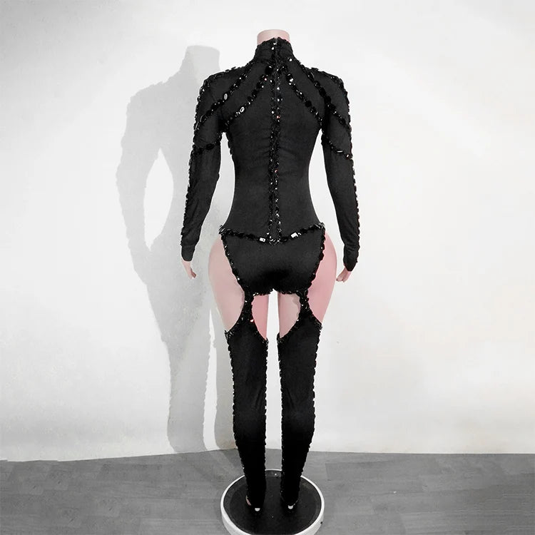 Drag Queen Outfit Sparkly Black Hollow Sexy 2 Piece Crystal Women Evening Prom Celebrate Birthday NightClub Performance Costume
