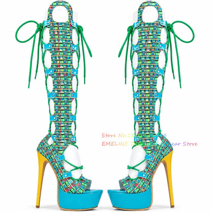 Multi Color Hollow Out High Heel Knee High Boot Women Summer New Sexy Open Toe Platform Stilettos Lace Up Runway Style Sandals