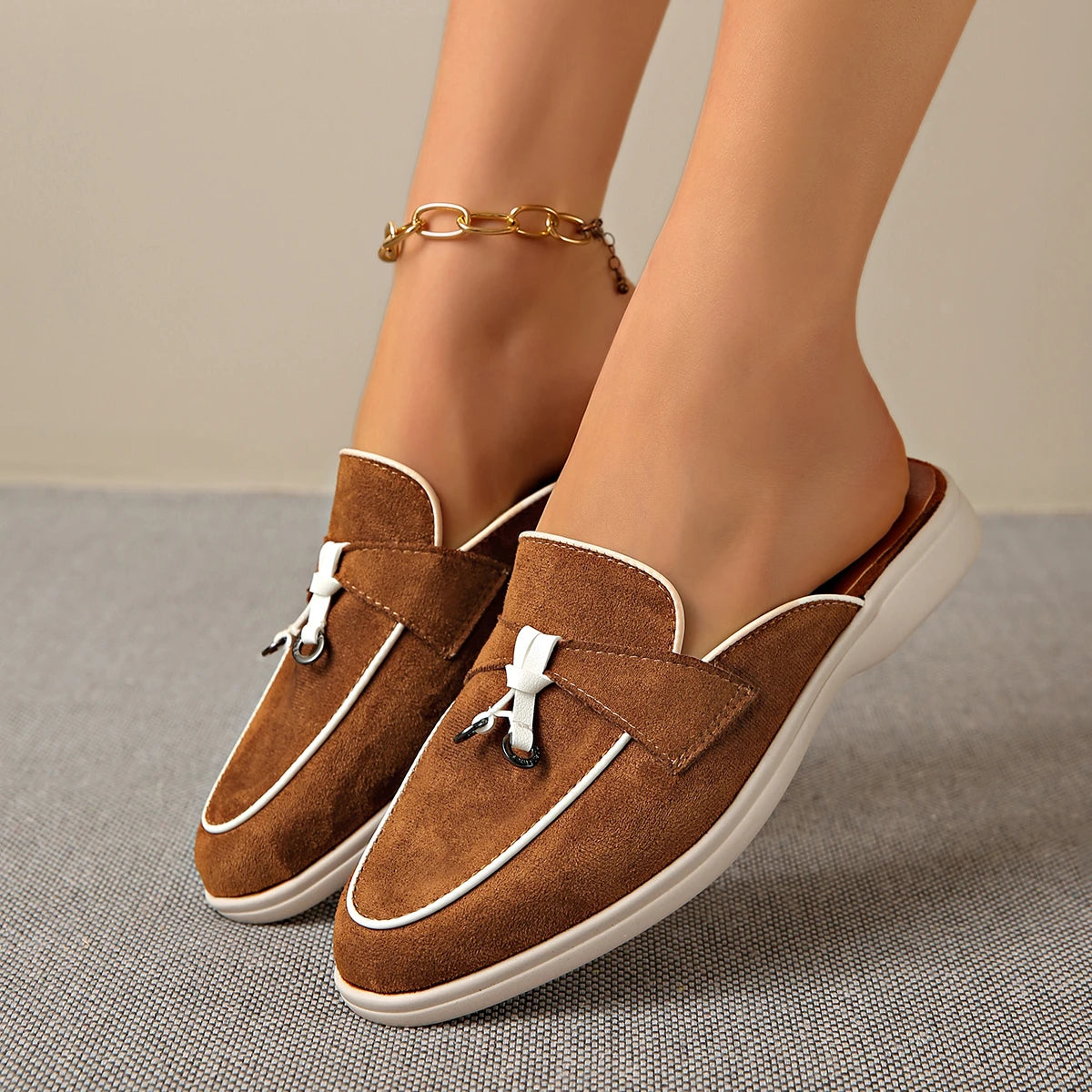 Four Seasons Women Suede Tassel Decor Backless Mule Loafers Non-Slip Flat Sole Slip-On Office Work Daily Casual Walking Shoes