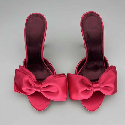 Luxury Satin Silk Bowknot Mule Sandals Woman Chic High Heel Point Toe Stiletto Slides Ladies Elegant Evening Party Dress Shoes