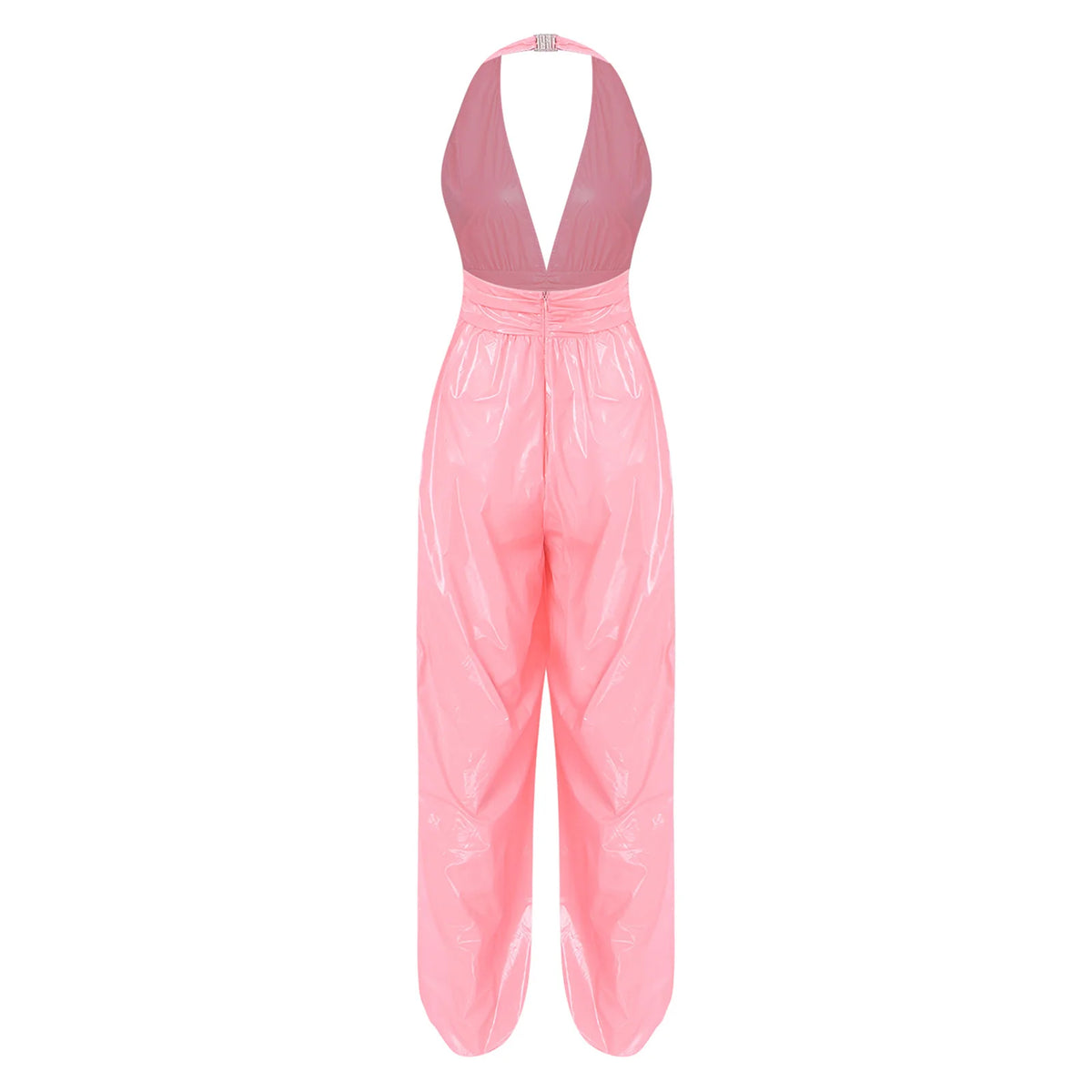 Womens Ruched Waist Back Invisible Zipper Side Split Bodysuit Glossy Water Resistant Rompers Halter Backless Jumpsuit Clubwear
