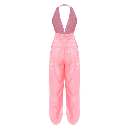 Womens Ruched Waist Back Invisible Zipper Side Split Bodysuit Glossy Water Resistant Rompers Halter Backless Jumpsuit Clubwear