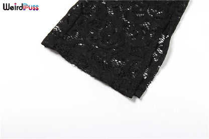 Weird Puss See Through 2 Piece Set Women Sexy  Hollow Jacquard Backless Bodysuit+Leggings Tight Activity Clubwear Skinny Outfits