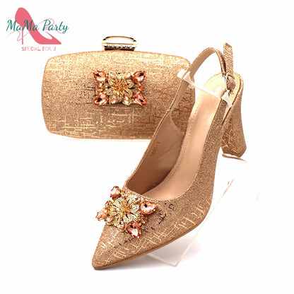 Fuchsia Color Italian Classics Design African Women Shoes and Bag Set High Quality with Shinning Crystal for Wedding Party