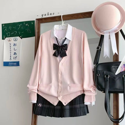 3Pc Set Japanese Korean School Uniforms Multicolor Sweater&Plaid Pleat Skirt with Bow Jk Uniform Suit Graduation Costumes Women
