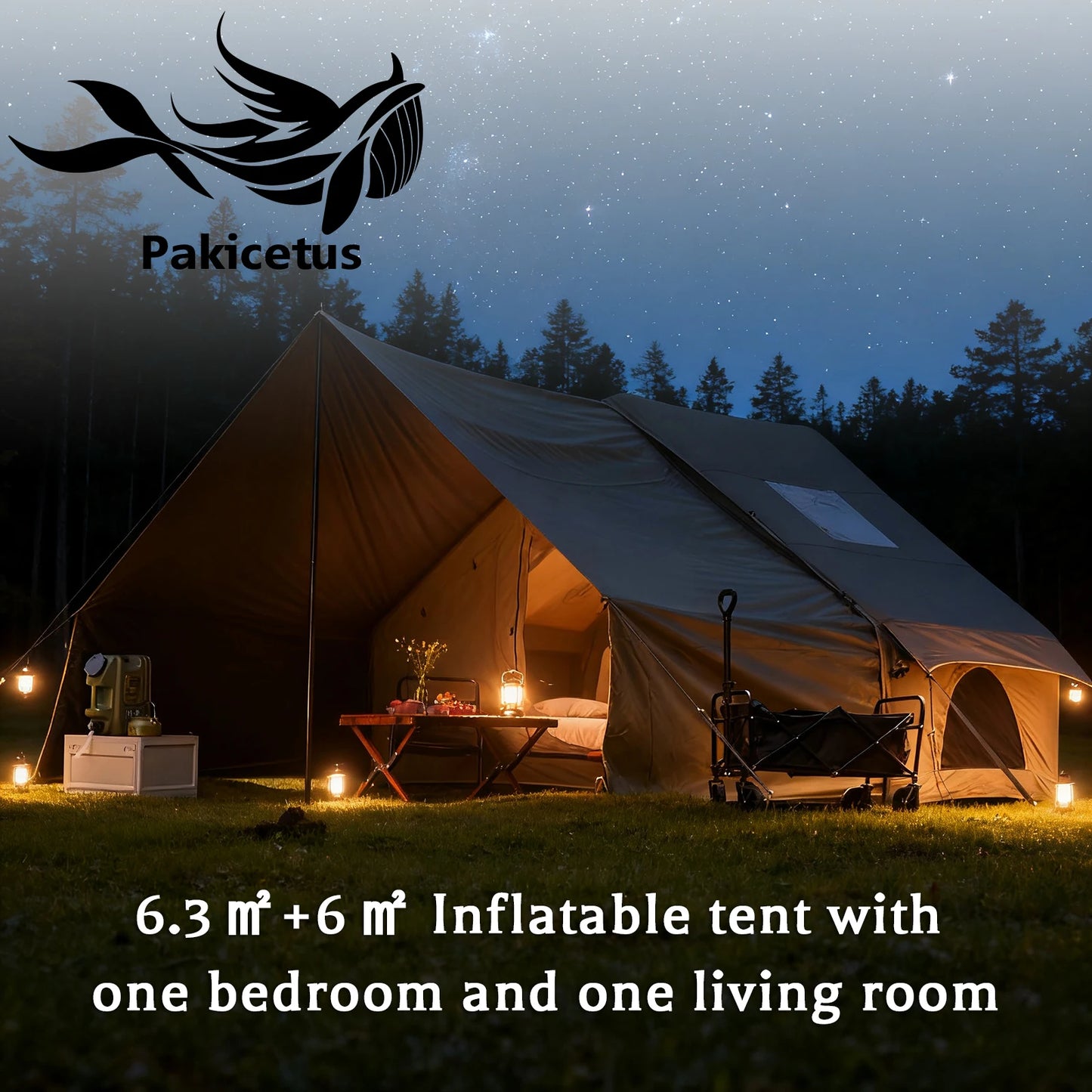 PAKICETUS Luxury Inflatable Camping Tent with Roof Window Easy Setup Portable Tent with Carry Bag for 4-12 People Outdoor Glamping Family Weekend Gatherings