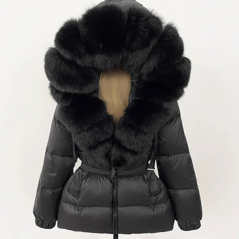 Hot Sale Women Luxury Black Down Jacket Waist‑Cinched Design High‑End Elegant Real Big Fox Fur Hooded Collar Winter Outerwear