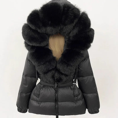 Hot Sale Women Luxury Black Down Jacket Waist‑Cinched Design High‑End Elegant Real Big Fox Fur Hooded Collar Winter Outerwear