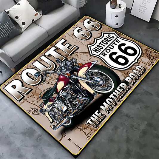 1 pcs 2D Flat Vintage Route 66 Motorcycle Map Flannel Area Rug Non Slip Retro Travel Carpet For Living Room Man Cave Decor