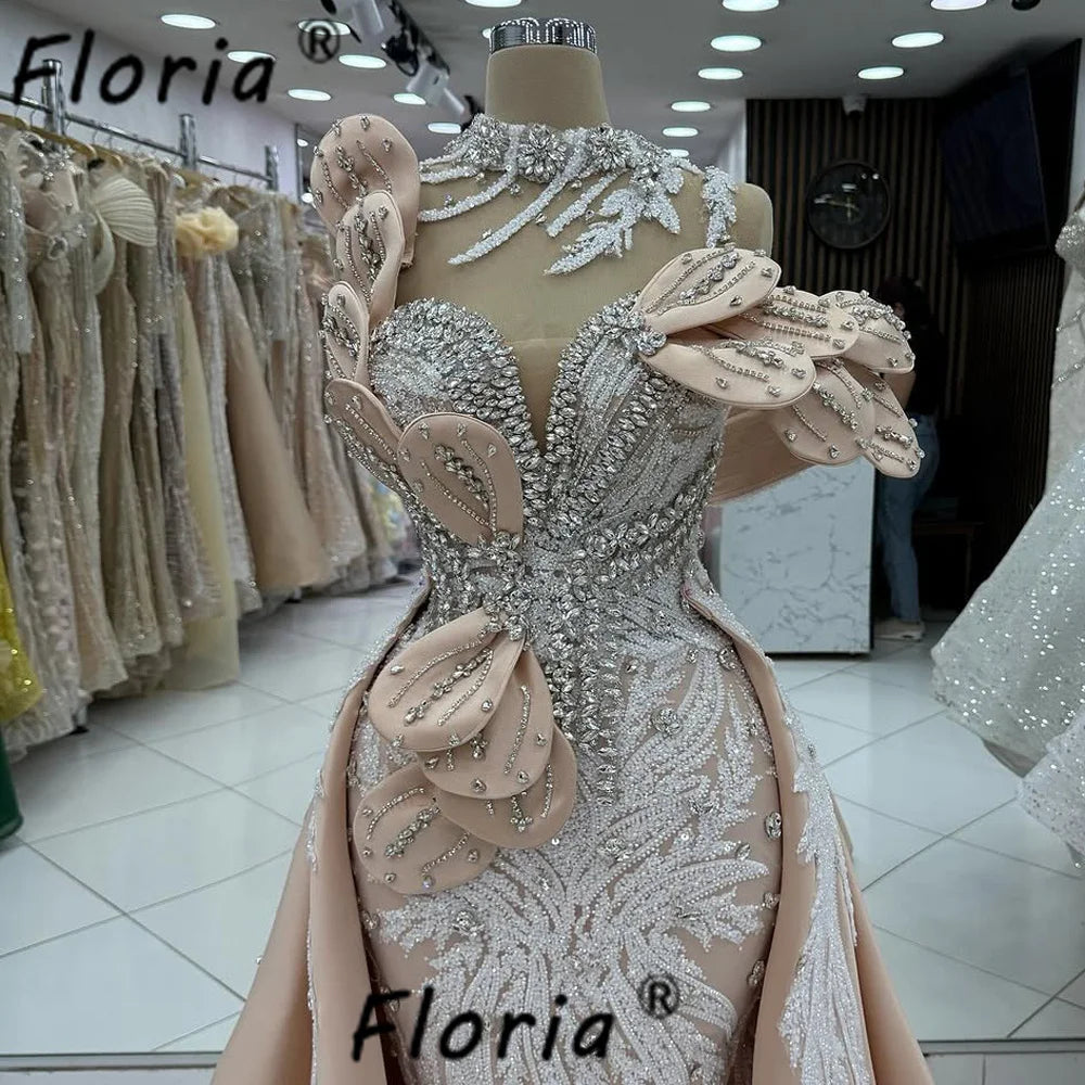 New Champagne Dubai Crystals Mermaid Evening Dress Beaded Leaves 3D Prom Gown With Detachable Customized Long Party Dresses 2025