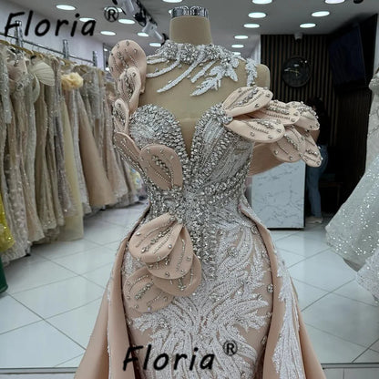 New Champagne Dubai Crystals Mermaid Evening Dress Beaded Leaves 3D Prom Gown With Detachable Customized Long Party Dresses 2025
