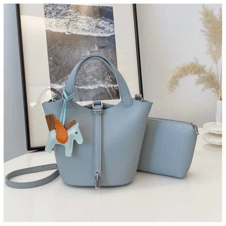 Fashion Vegetable Basket Bucket Bag Women's Autumn New Lychee Pattern Shoulder Bag Simple Solid Color Niche Messenger Bag