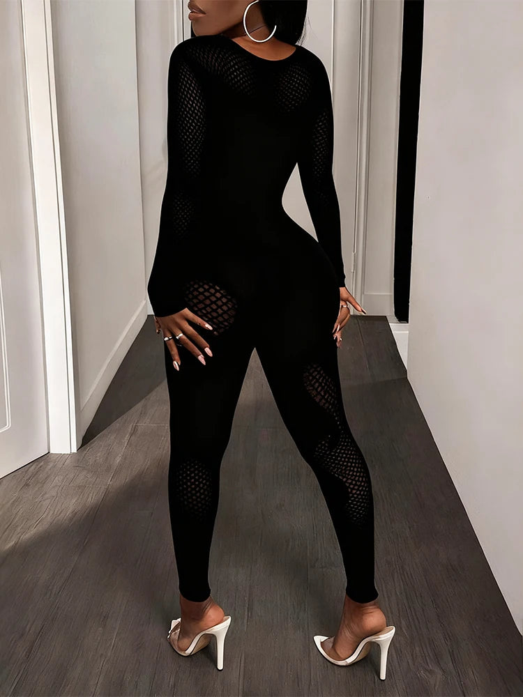 FHSEER Women's Sexy Jumpsuit Sheer Mesh Long Sleeve Hollow Out Bodycon High-Waist Stretchy Club Party Date Night Out Outfit