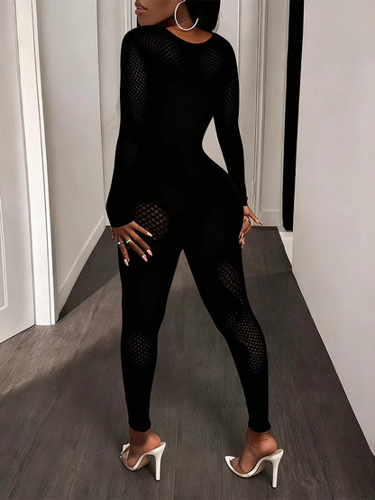 FHSEER Women's Sexy Jumpsuit Sheer Mesh Long Sleeve Hollow Out Bodycon High-Waist Stretchy Club Party Date Night Out Outfit