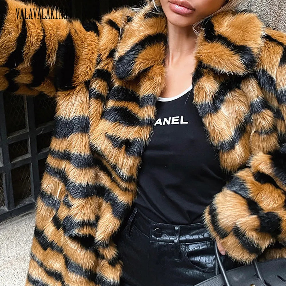 2026 Winter Plus Size Faux Fur Long Coat Women Tiger Long Sleeve Fluffy Jacket Ladies Large Thick Warm Furry Cardigan Outwear