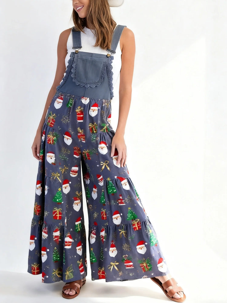 Xingqing Sexy Women Jumpsuits Christmas Themed Print Lace Patchwork Sleeveless Baggy Wide Leg Overalls Streetwear with Pocket