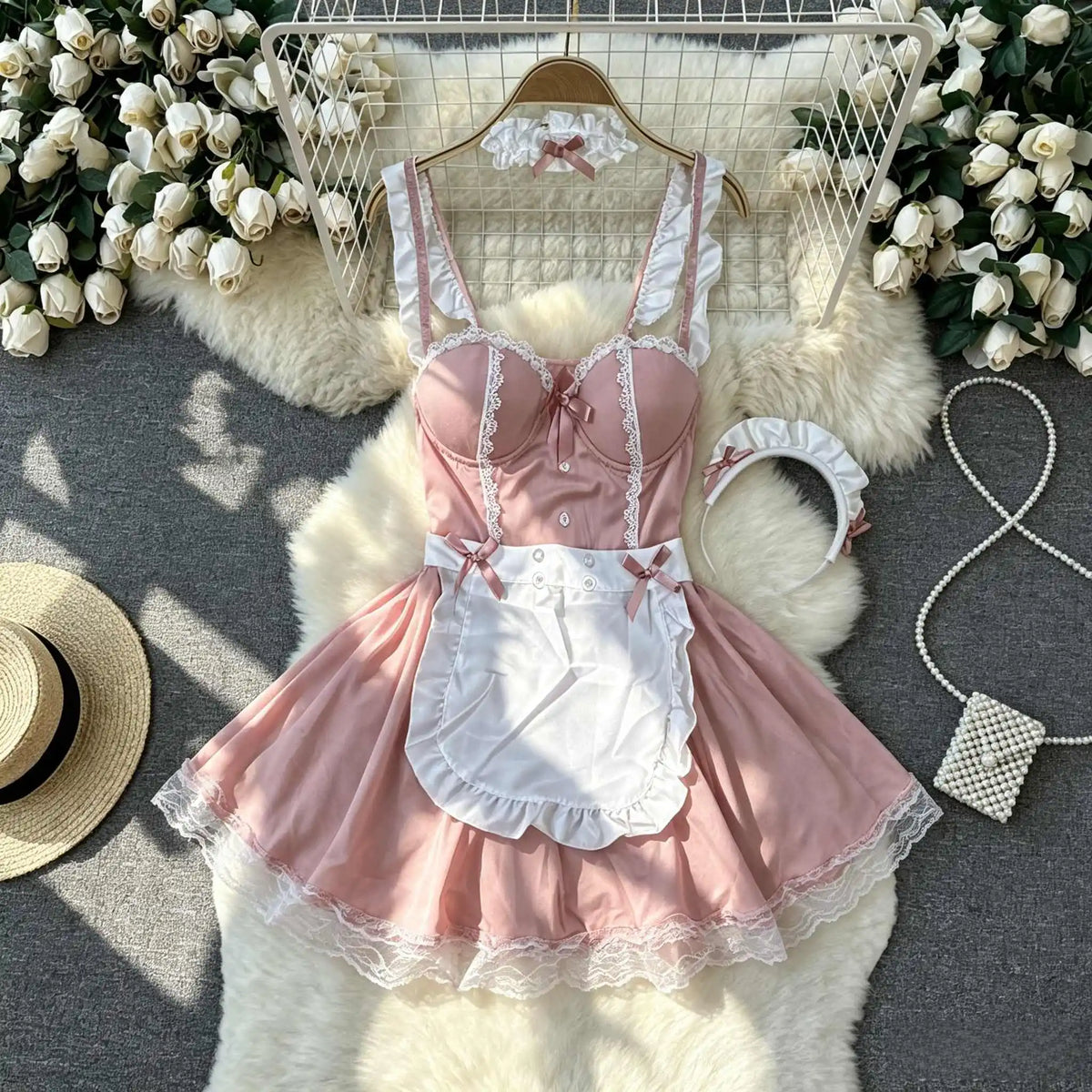 Women's Sexy Mini Dress Lingerie Cosplay Maid Cute Bowknot Lace Hotsweet Casual Dresses Party Club Costume Camisole Mini Dresses