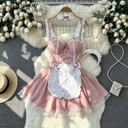 Women's Sexy Mini Dress Lingerie Cosplay Maid Cute Bowknot Lace Hotsweet Casual Dresses Party Club Costume Camisole Mini Dresses