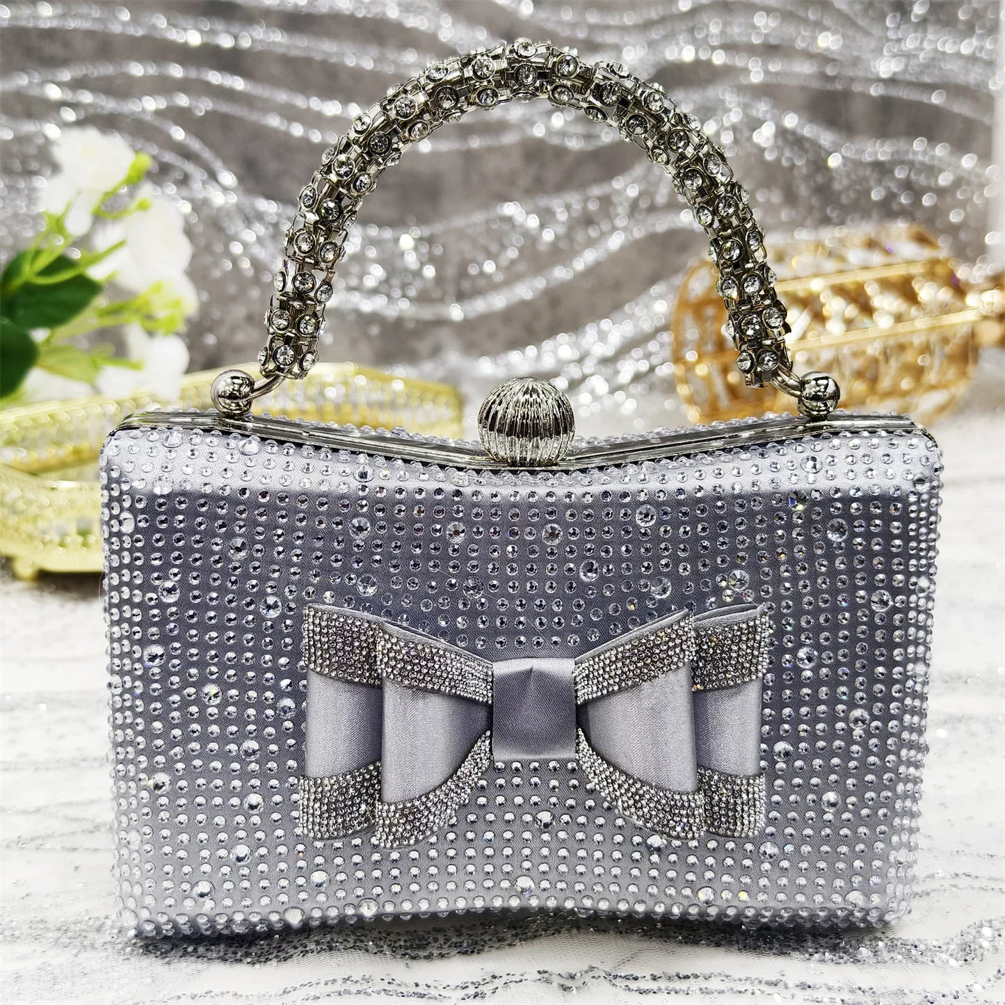 Elegant Gold Satin Rhinestone Bow Slingback Heel & Clutch Bag Set, Women Bridal Matching Kit For Wedding Party Evening Prom Form