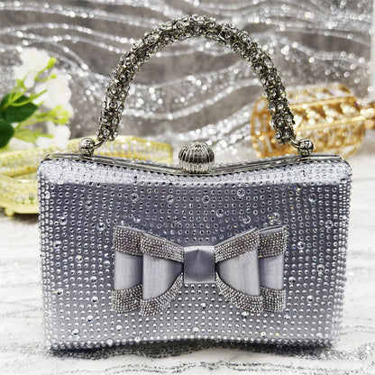 Elegant Gold Satin Rhinestone Bow Slingback Heel & Clutch Bag Set, Women Bridal Matching Kit For Wedding Party Evening Prom Form