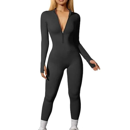 Women Yoga Running Tight Ribbed Long Sleeve Zipper Jumpsuit Pants
