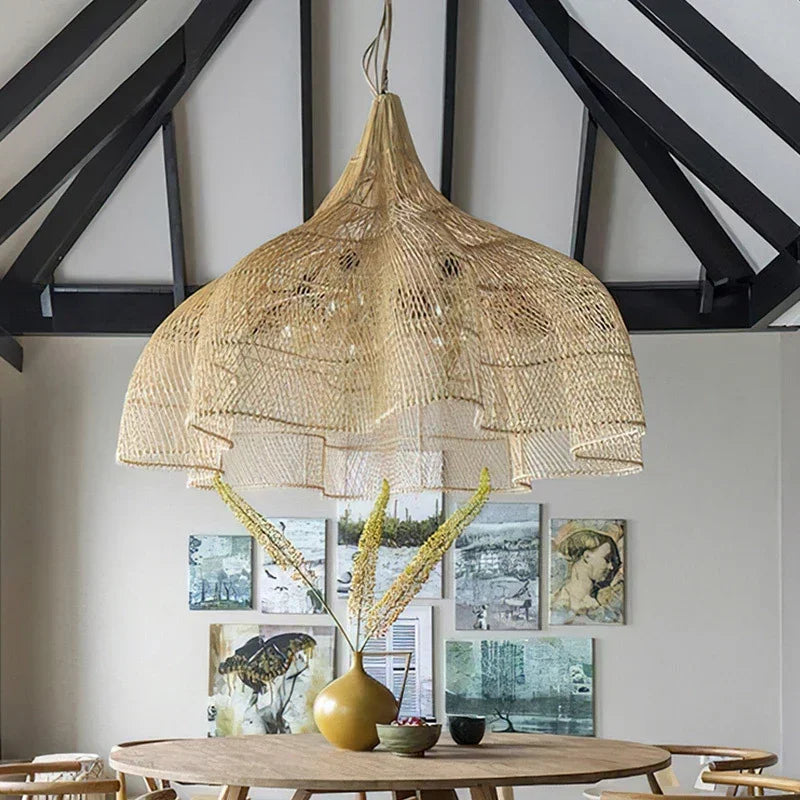 Japanese Style Wabi-sabi Retro Rattan Chandelier Creative Living Room Restaurant Box Pendants LIghts Hotel Living Room Lamps LED