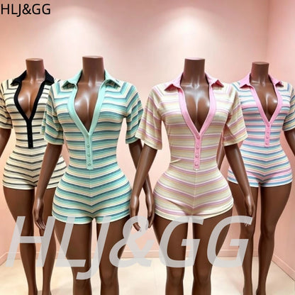 HLJ&GG Green Sexy Deep V Stripe Ribber Bodycon One Piece Rompers Women Short Sleeve Slim Jumpsuits Fashion Party Club Overalls