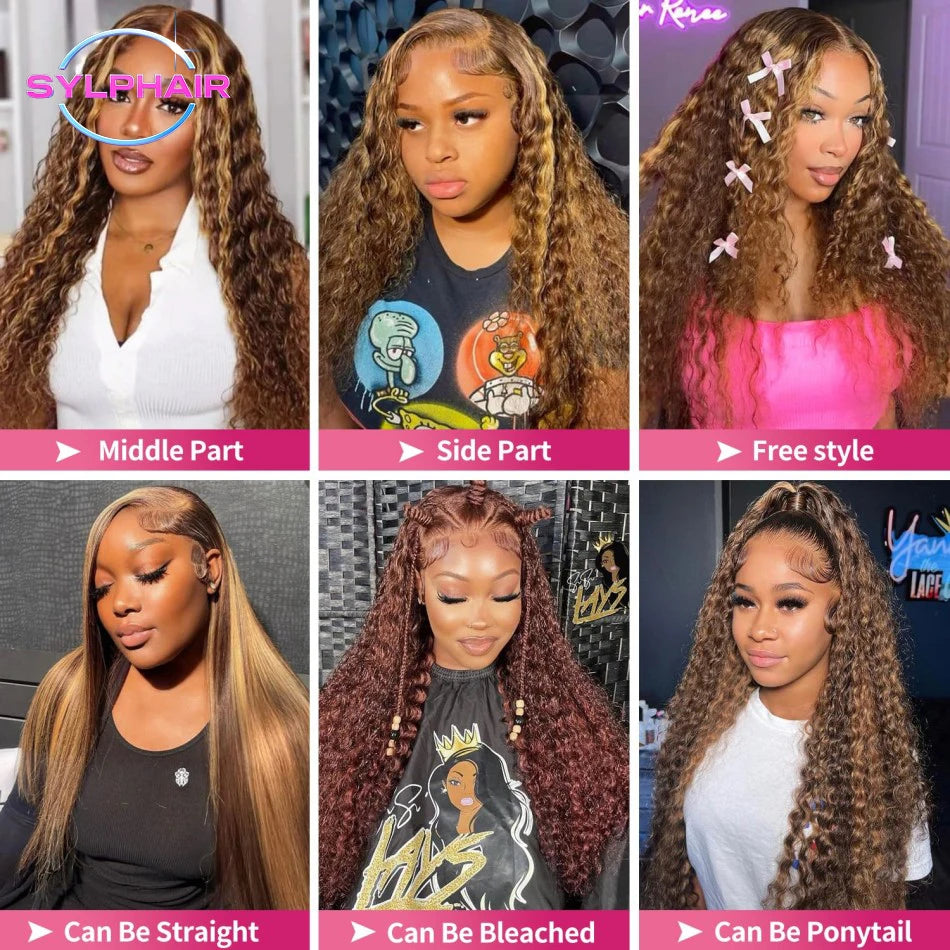 30 Inch 250 Density Highlight Honey Brown Curly Lace Front Human Hair Wigs 13x6 13x4 Ombre Colored Deep Wave Lace Frontal Wig