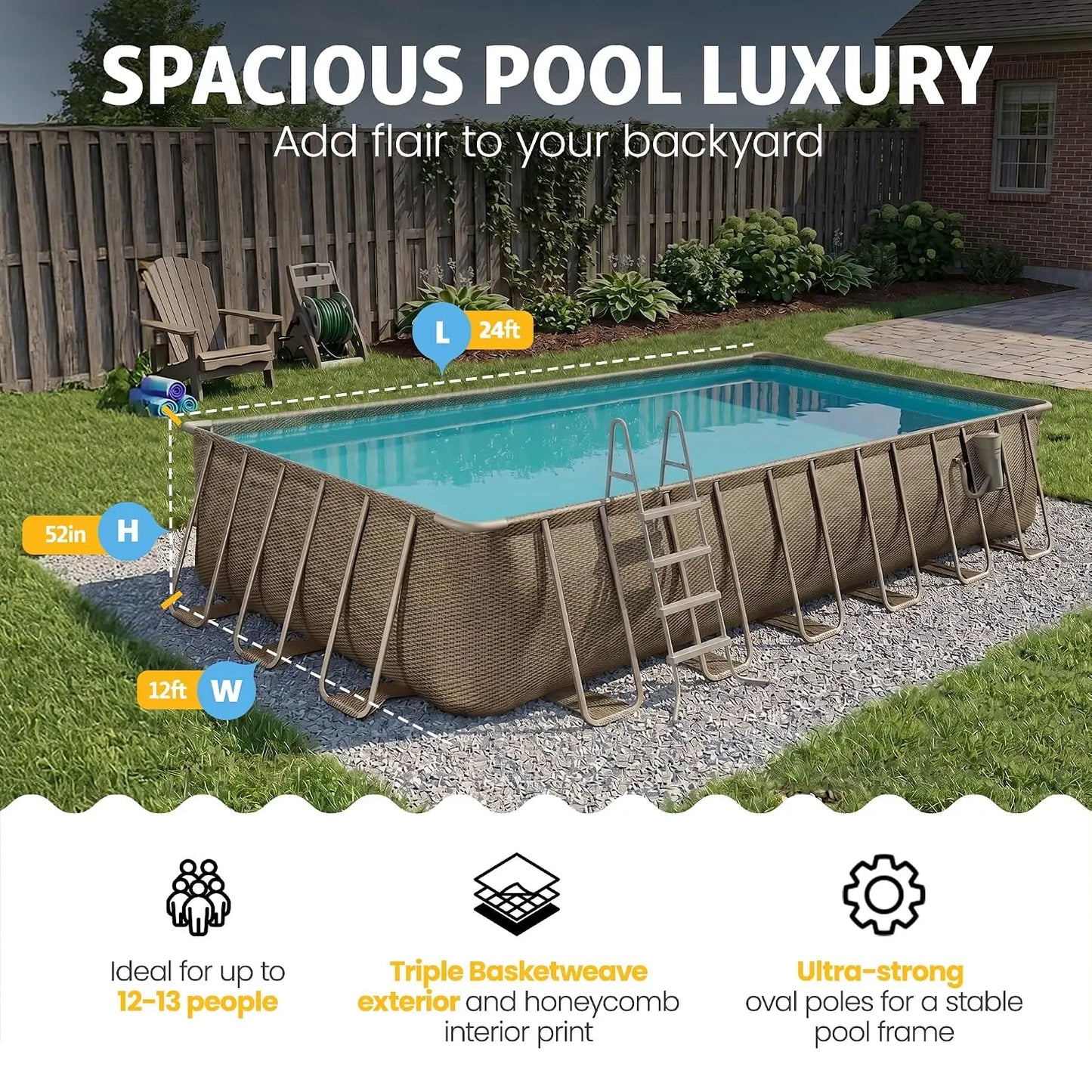 Oasis Designer Lap 24' x 12'x 52" Rectangular Above Ground Swimming Pool, with FiltraBoost 1200 GPH Filter Pump,, Customized
