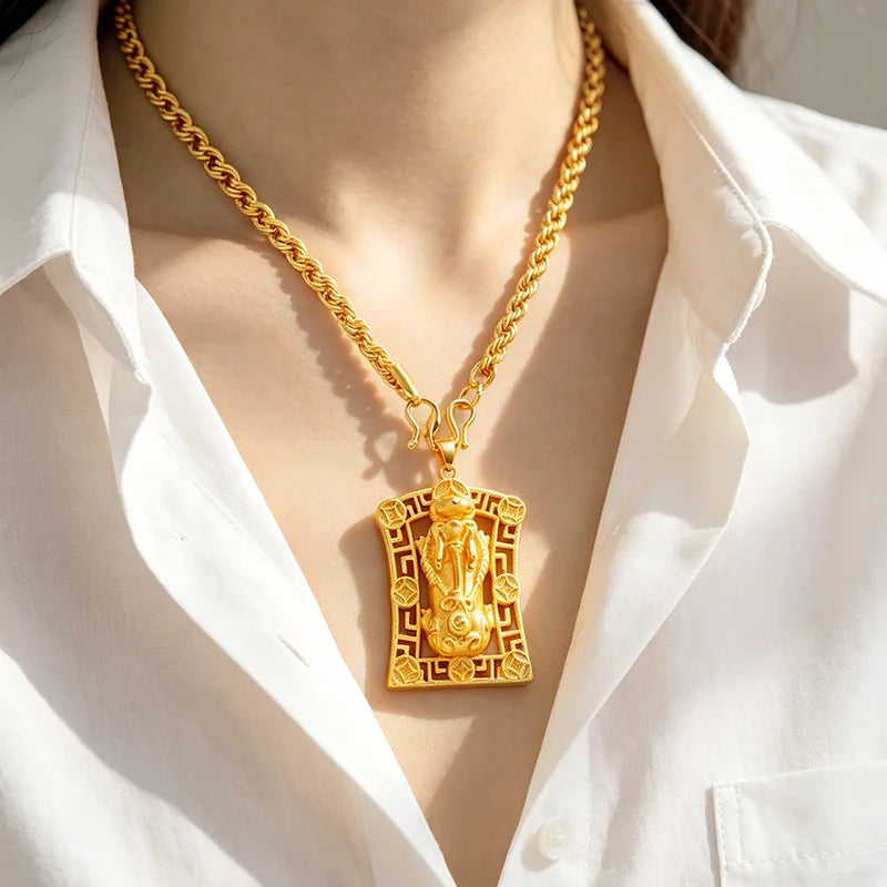 Business Simple Gold Swallowing Beast Square Pendant For Men And Women 24K Gold AU999, Calm Office Couple Accessory